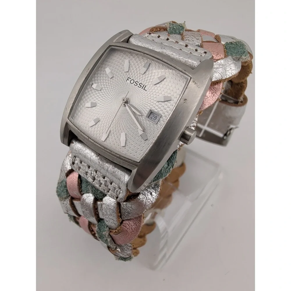 Fossil Women's Watch 30mm Silver Case Multicolor Woven Bund Strap- New Battery